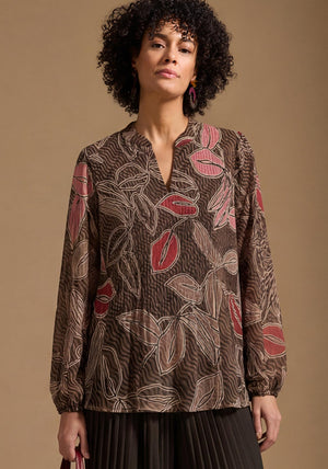 Bianca Doret Pleated Leaf Print Blouse, Brown