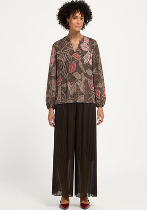 Bianca Doret Pleated Leaf Print Blouse, Brown