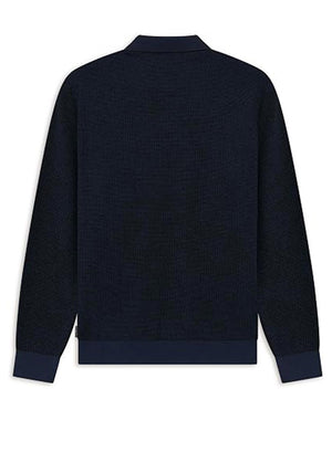 Bugatti Long Sleeve Micro Print Polo Shirt, Navy & Blue