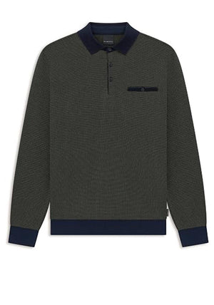Bugatti Long Sleeve Micro Print Polo Shirt, Navy & Bottle Green