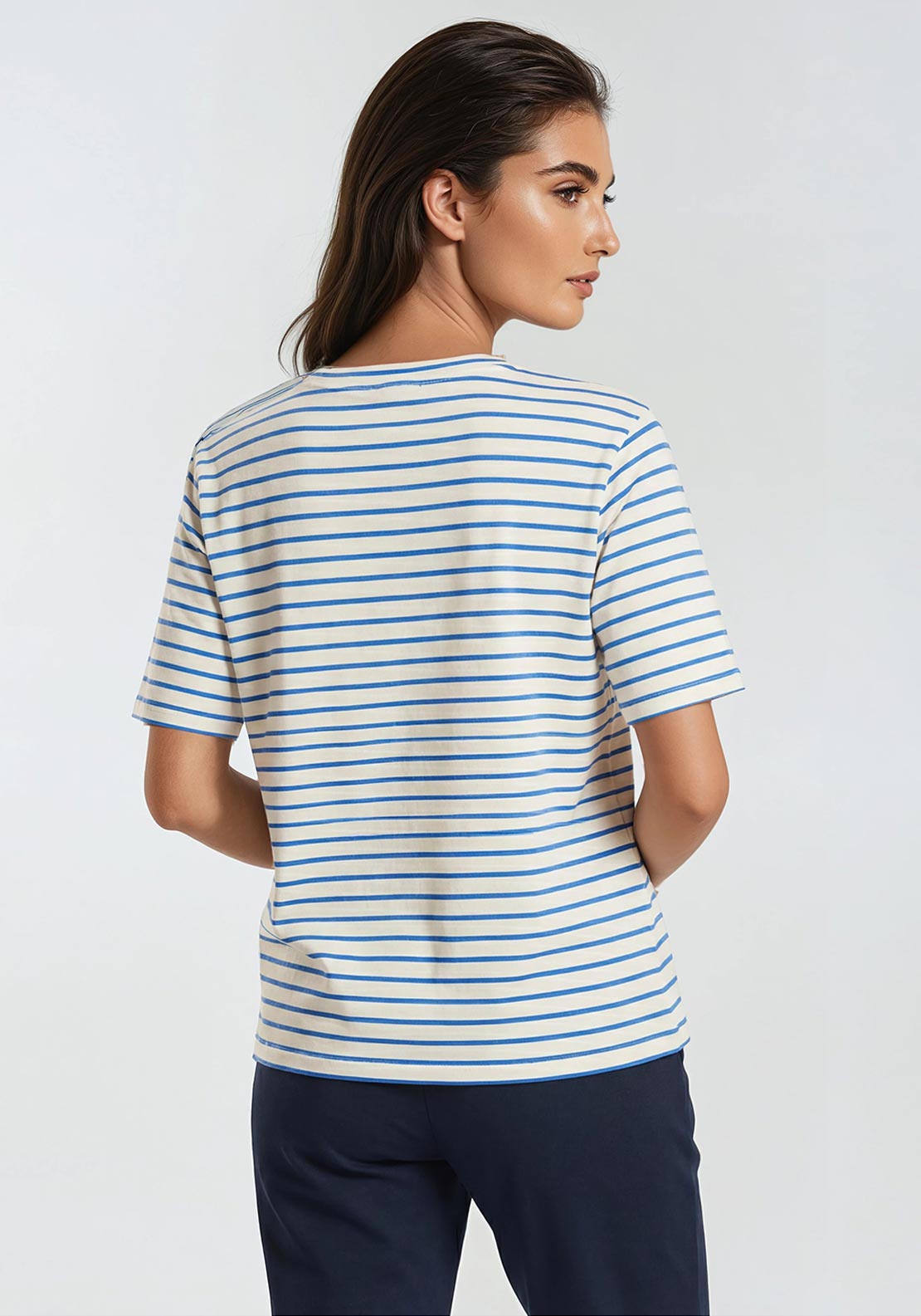 Barbara Lebek Striped V Neck T-Shirt, Cream and Blue