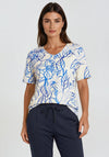 Barbara Lebek Floral Outline V Neck T-Shirt, Cream and Blue