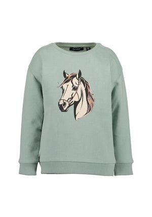 Blue Seven Mini Girl Horse Long Sleeve Sweater, Green