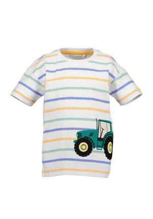 Blue Seven Mini Boy Tractor & Stipe Short Sleeve Tee, White