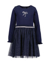 Blue Seven Mini Girl Bow Long Sleeve Tulle Dress, Navy