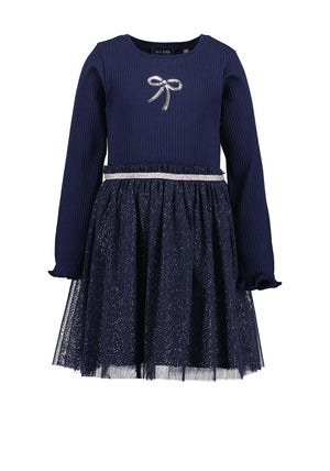 Blue Seven Mini Girl Bow Long Sleeve Tulle Dress, Navy