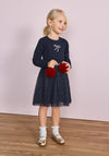 Blue Seven Mini Girl Bow Long Sleeve Tulle Dress, Navy