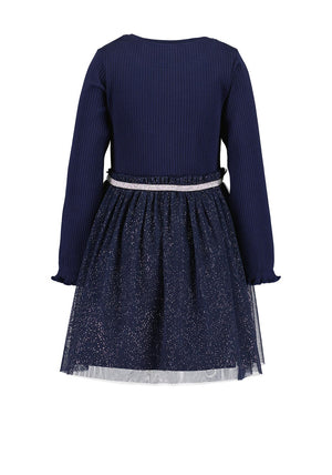 Blue Seven Mini Girl Bow Long Sleeve Tulle Dress, Navy
