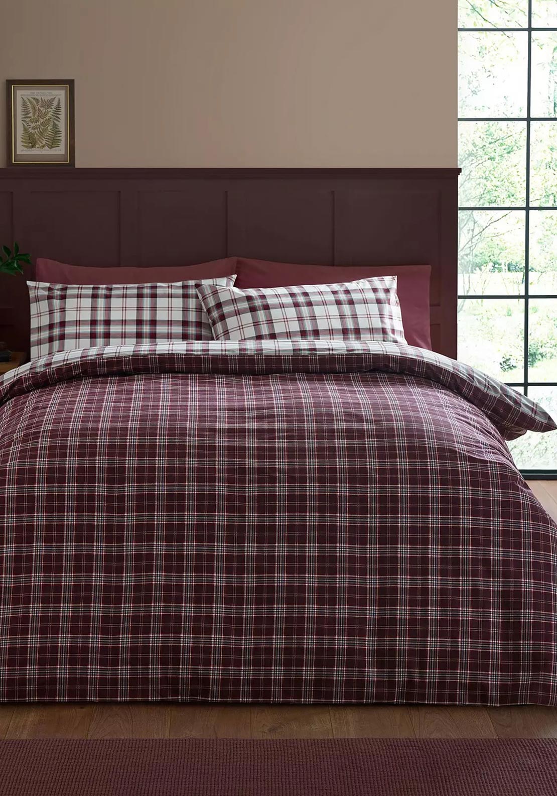 Catherine Lansfield Kelso Check Reversible Duvet Cover Set, Wine