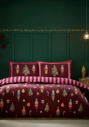 Catherine Lansfield Christmas Nutcracker Reversible Duvet Cover Set, Wine