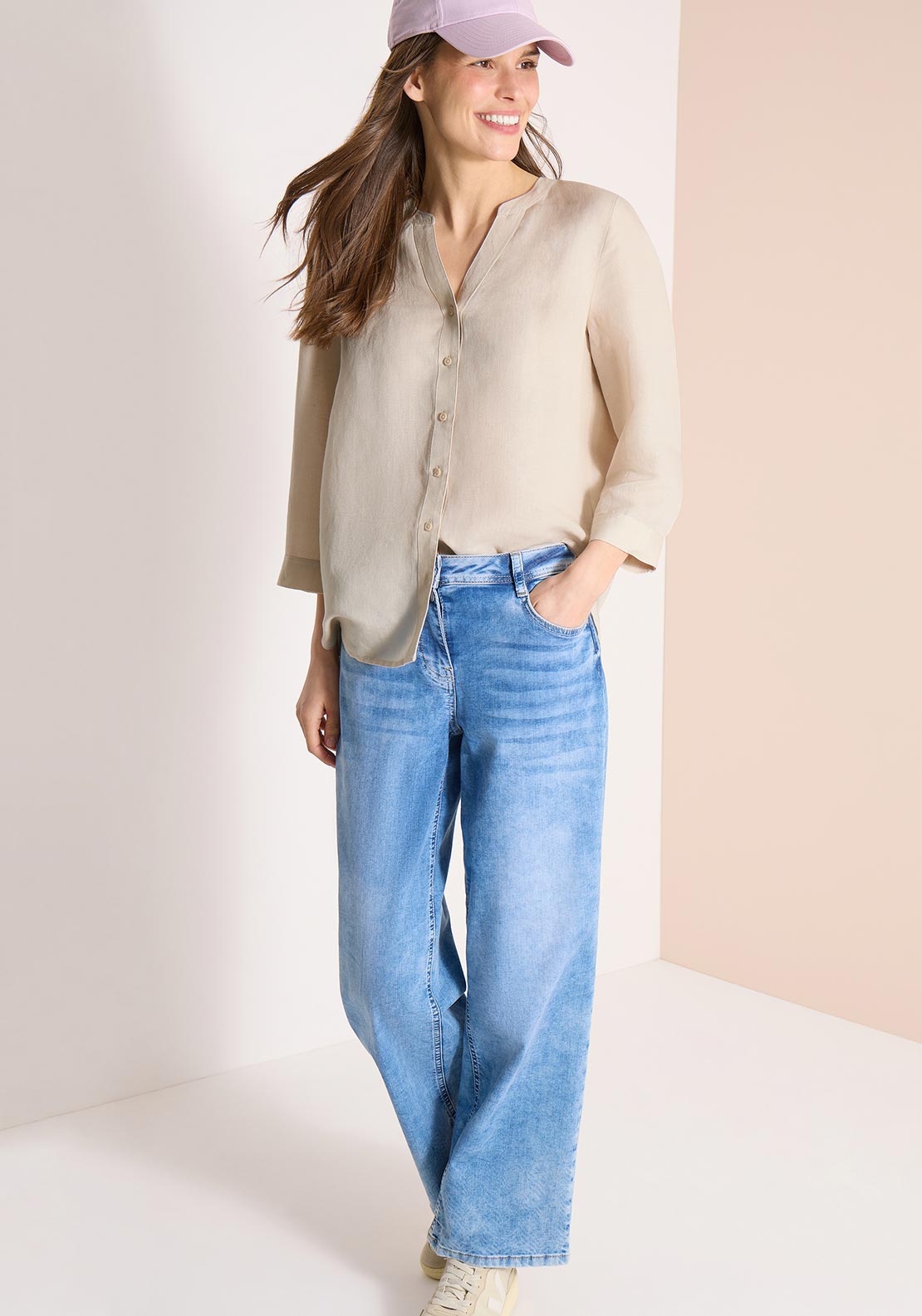 Cecil V-Neck Linen Blend Blouse, Light Beige