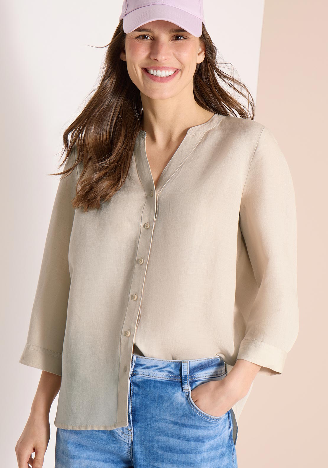 Cecil V-Neck Linen Blend Blouse, Light Beige