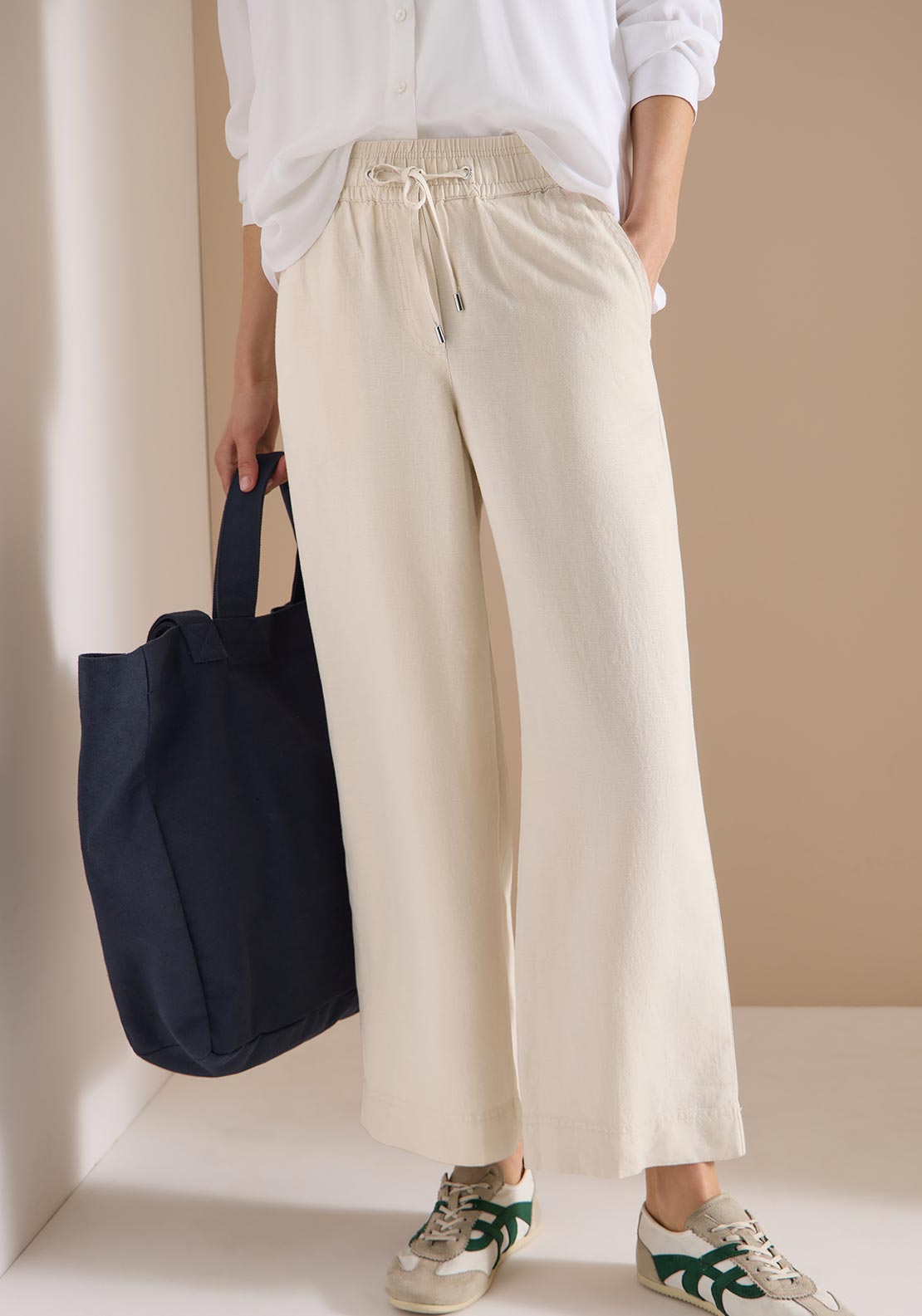Cecil Linen Blend Wide Leg Cropped Trousers, Beige