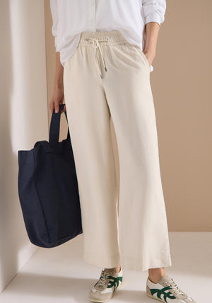 Cecil Linen Blend Wide Leg Cropped Trousers, Beige