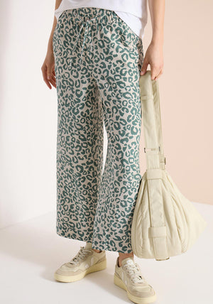 Cecil Leopard Print Wide Leg Trousers, Green