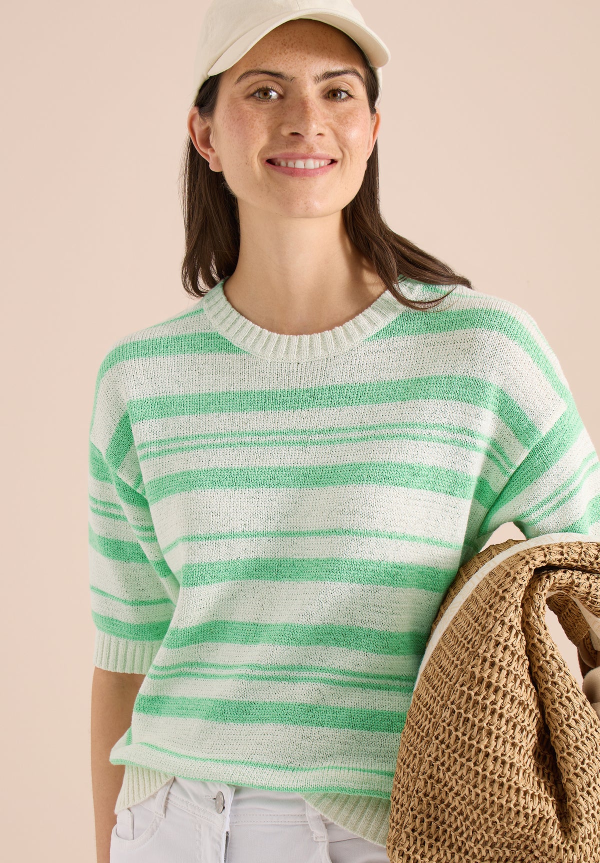 Cecil Knitted Stripe Sweater, Cream and Green