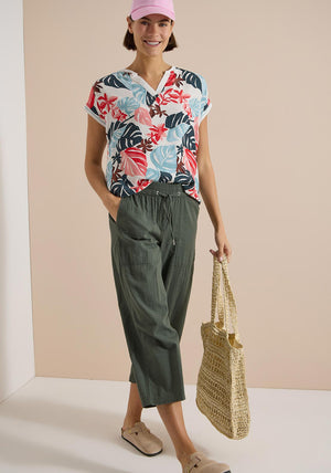 Cecil Leaf Print v Neck T-Shirt, Blue Multi