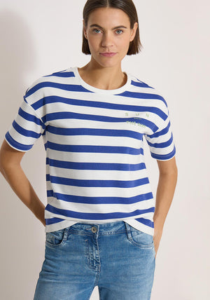 Cecil Striped with Small Chest Slogan T-Shirt, White and Blue