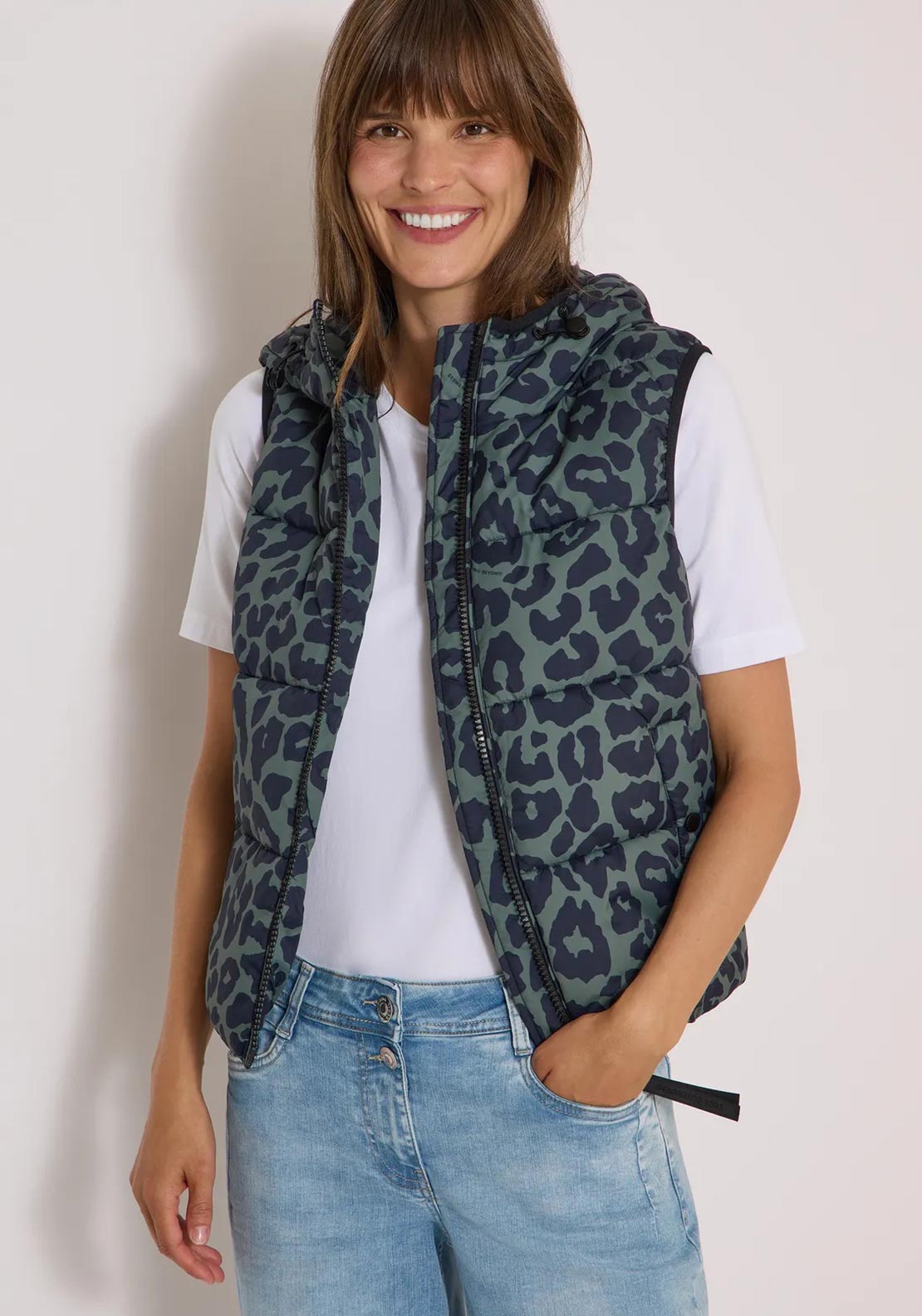 Cecil Leopard Print Hooded Padded Gilet, Green