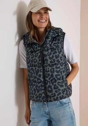 Cecil Leopard Print Hooded Padded Gilet, Green