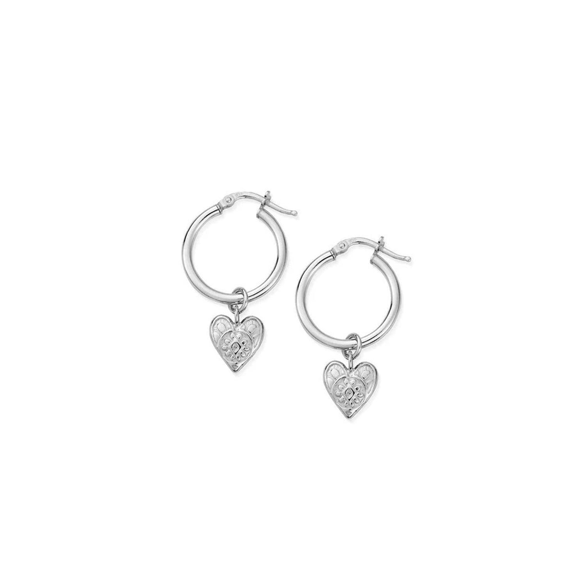 ChloBo Decorated Heart Hoops, Silver