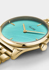 Cluse Ladies Féroce Petite Leaf Texture Watch, Pool Blue & Gold