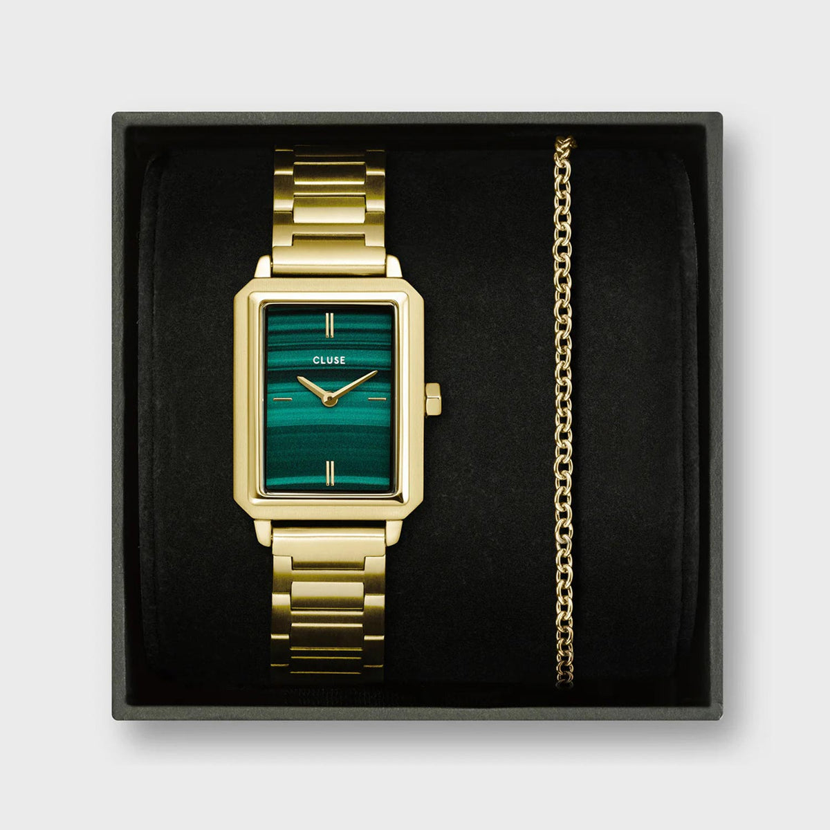 Cluse Fluette Watch & Chain Bracelet Gift Set, Gold & Green