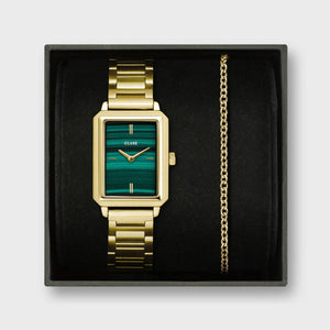 Cluse Fluette Watch & Chain Bracelet Gift Set, Gold & Green