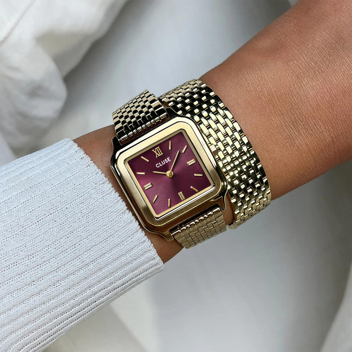 Cluse Gracieuse Double Strap Watch, Gold & Burgundy