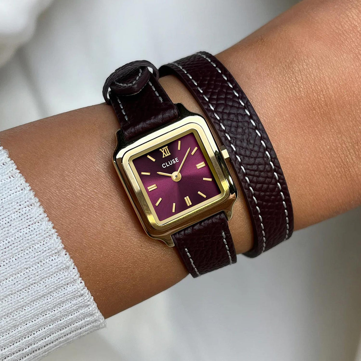 Cluse Gracieuse Mini Leather Double Strap Watch, Gold & Burgundy