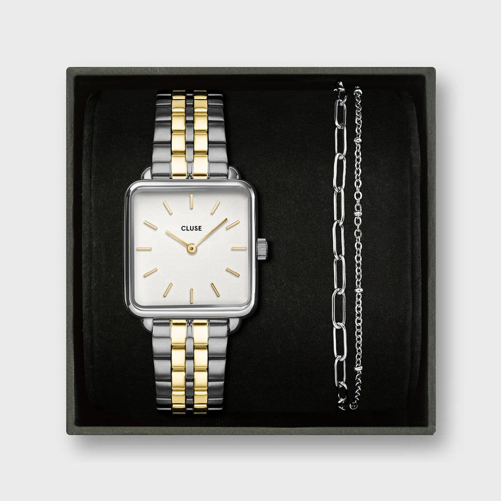 Cluse La Tetragone Watch Double Chain Bracelet Gift Set, Silver
