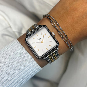 Cluse La Tetragone Watch & Double Chain Bracelet Gift Set, Silver & Gold
