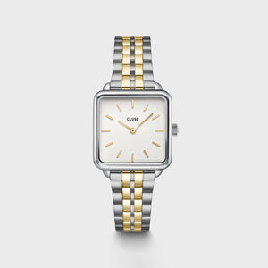 Cluse La Tetragone Watch & Double Chain Bracelet Gift Set, Silver & Gold