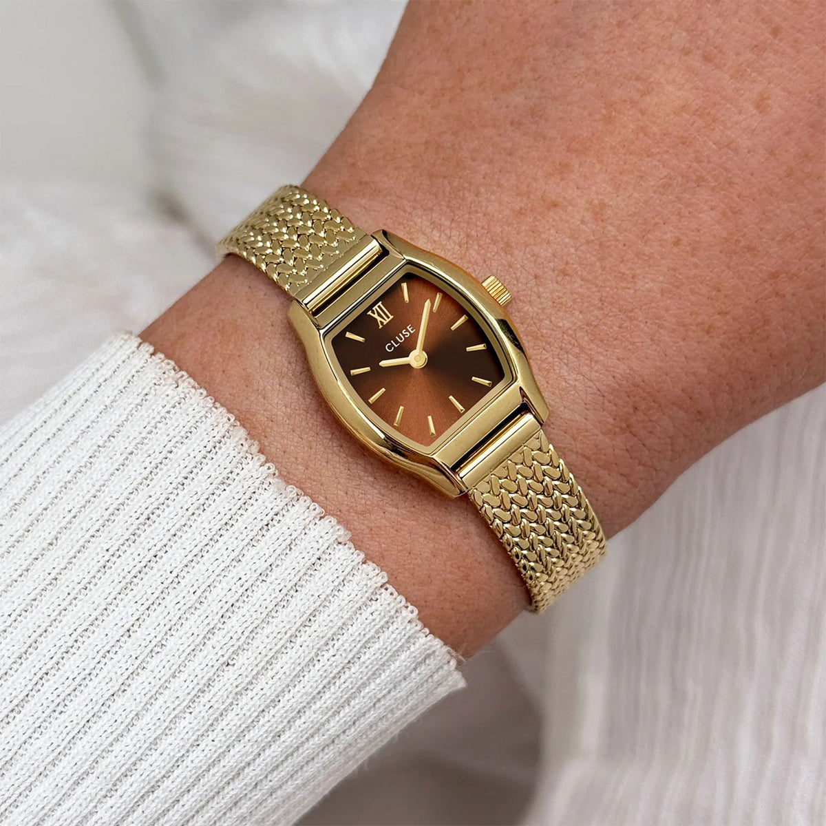 Cluse Tonnette Mini Watch, Gold & Brown