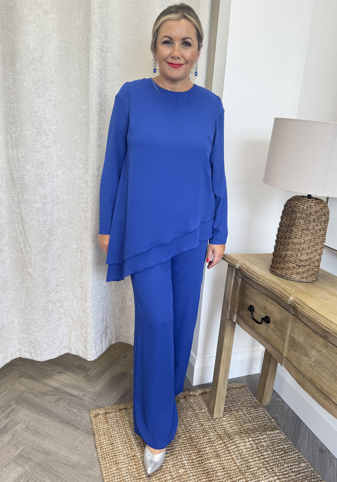 Casting Chiffon Asymmetric Top and Trousers Co Ord, Blue