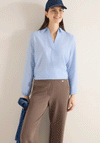 Cecil Woven V Neck Woven Chambray Blouse, Blue