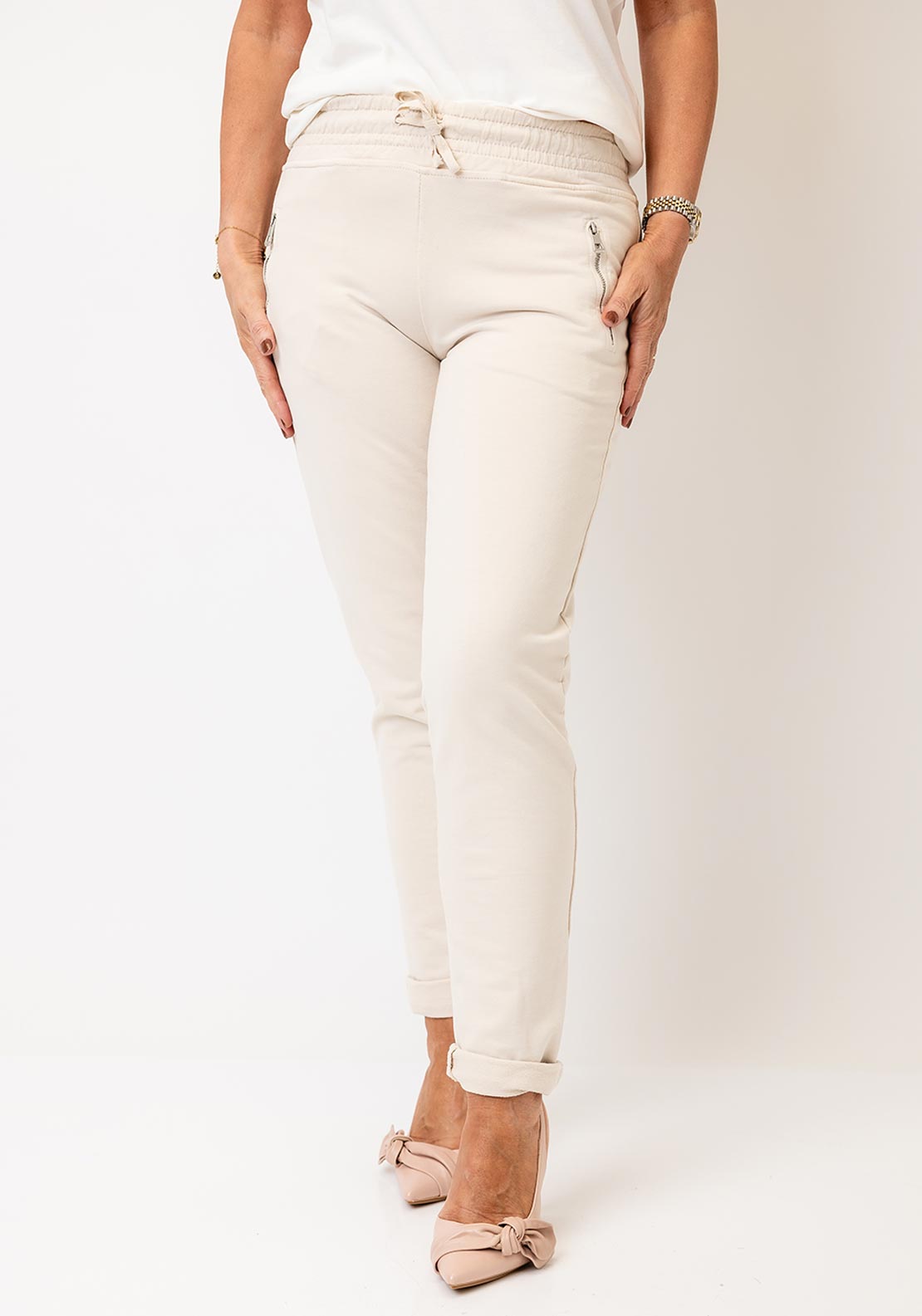 D.E.C.K By Decollage Zipped Slim Leg Joggers, Cream