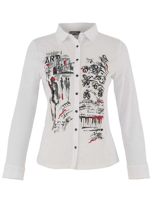 Dolcezza Abstract Black Button Blouse, White