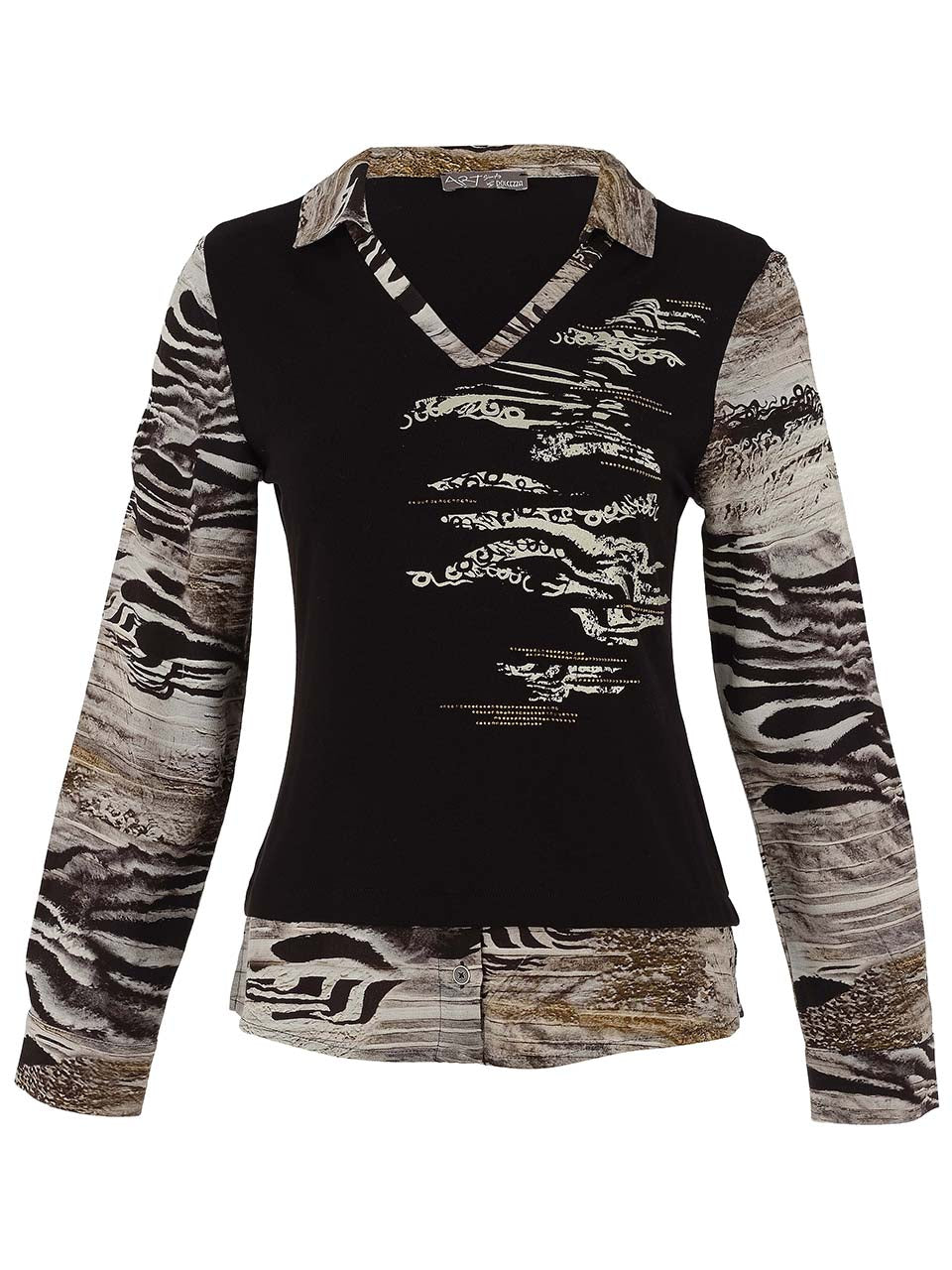 Dolcezza Abstract Rhinestone V-Neck Blouse, Black