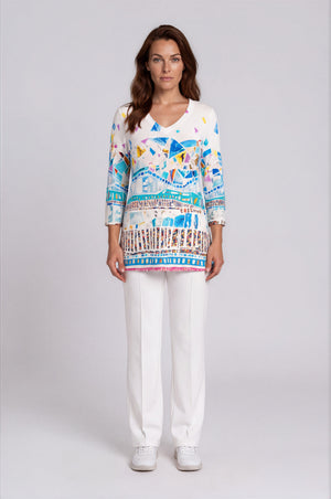 Dolcezza Graphic Print Cropped Sleeved Top, Blue Multi