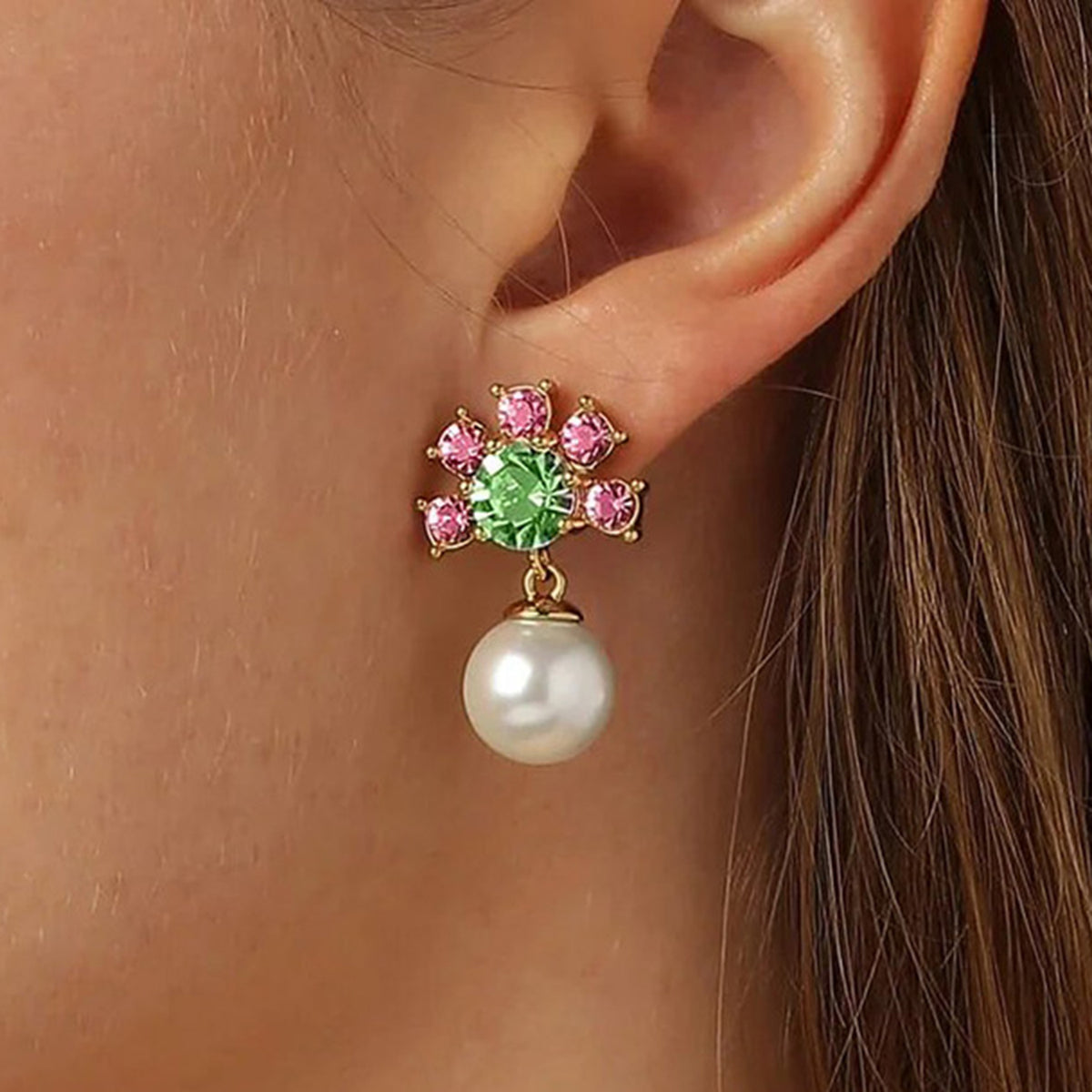 Dyrberg/Kern Veronica Pearl Drop Earrings, Gold & Rose Green