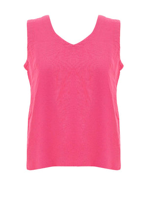 Dolcezza Linen V Neck Button Back Top, Fuchsia Pink