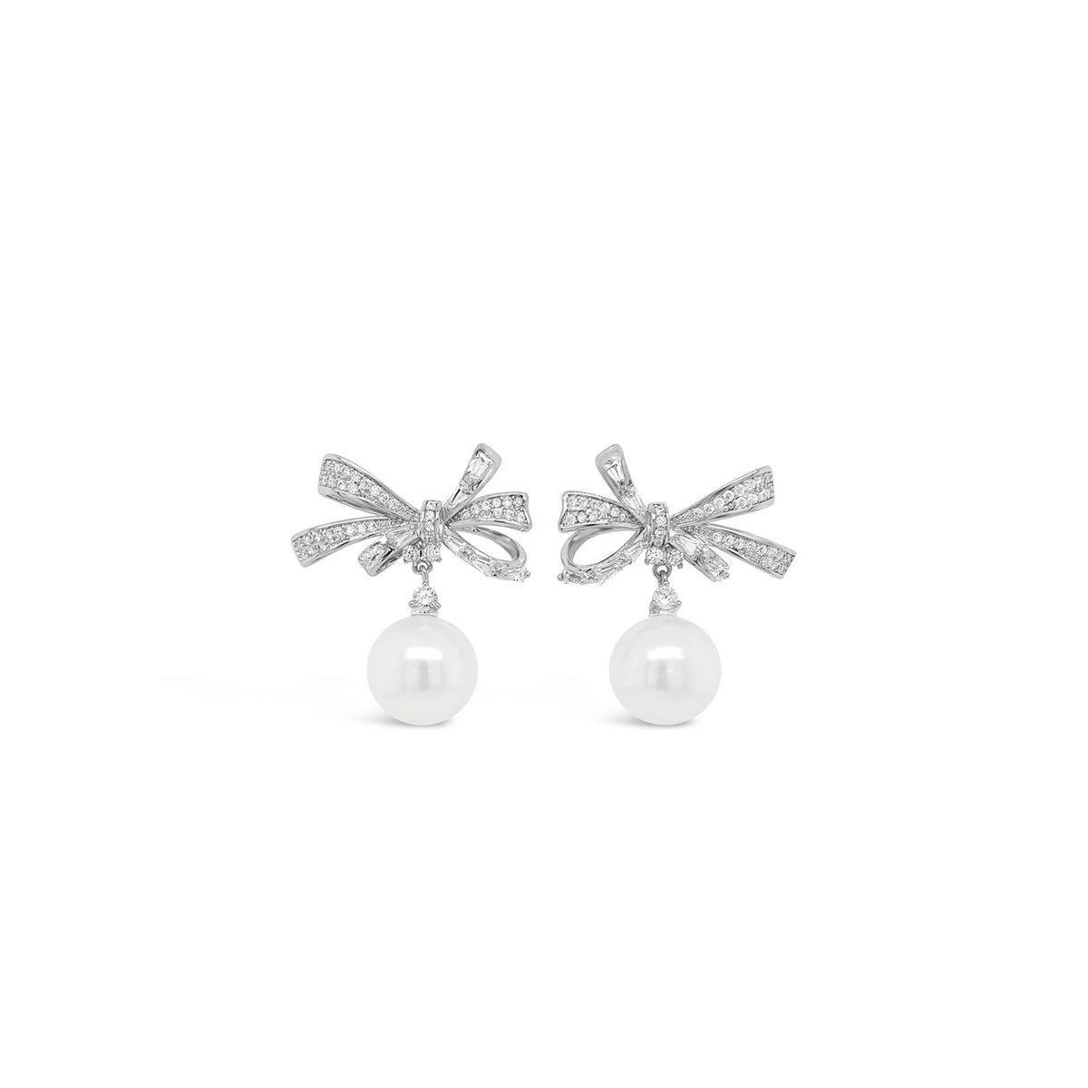 Absolute CZ Bow & Pearl Drop Earrings, Silver