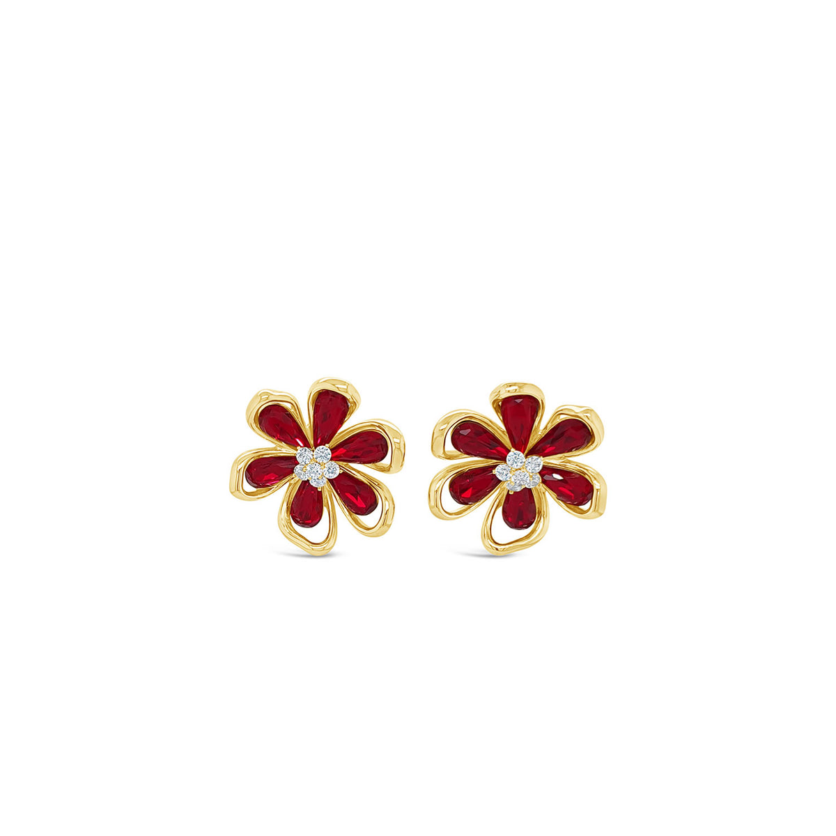 Absolute Siam Red CZ Daisy Earrings, Gold