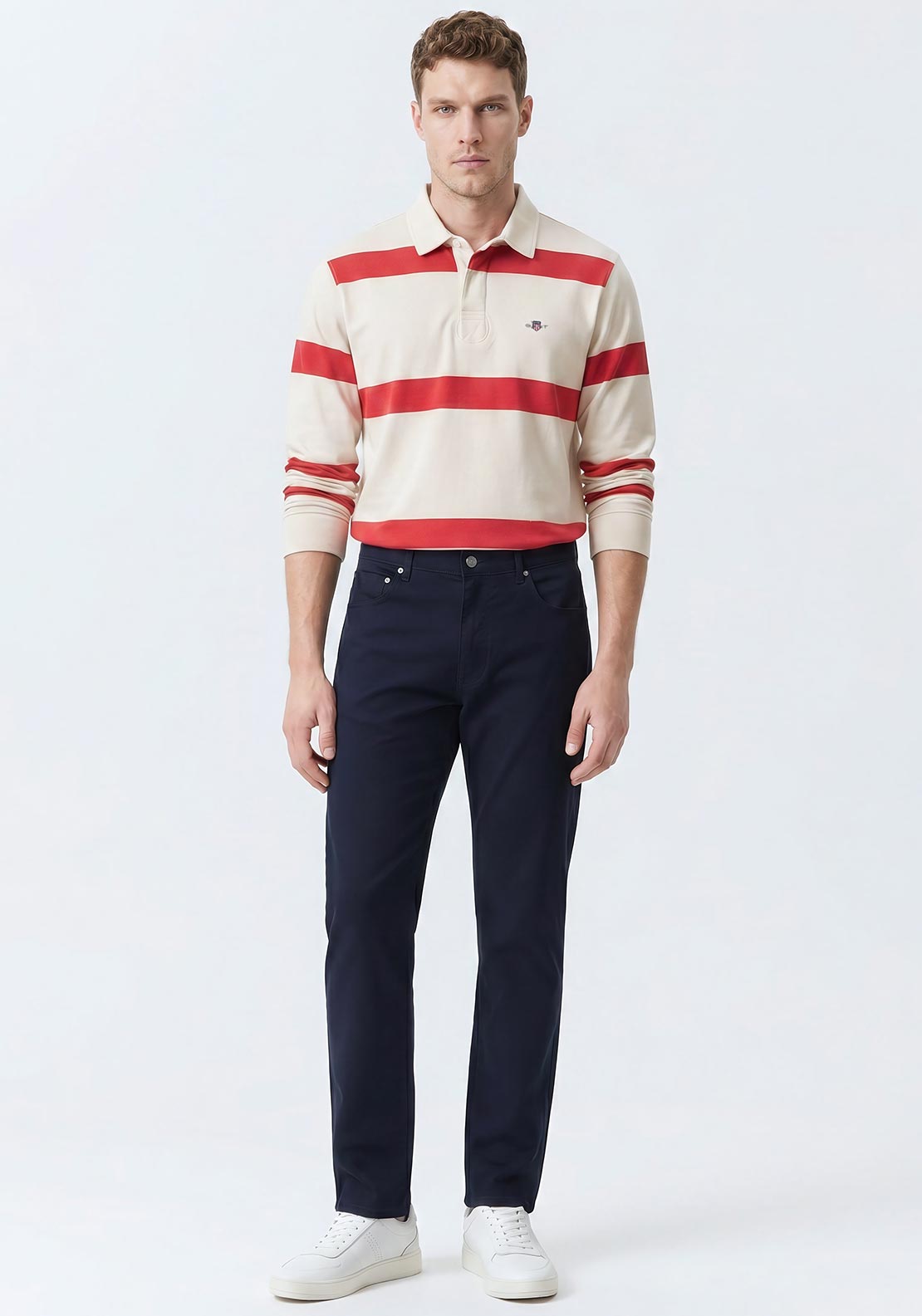 Gant Striped Heavy Rugger Rugby Shirt, Cream & Red