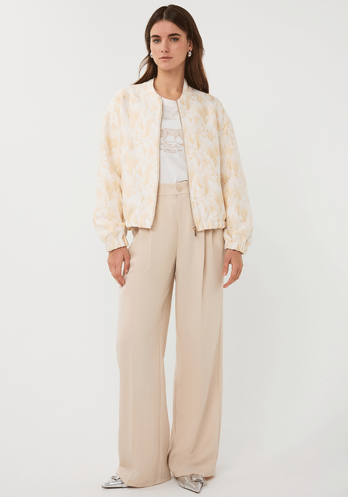 EsQualo Feather Print Zip Up Bomber Jacket, Cream