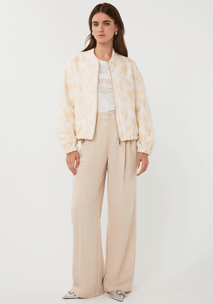 EsQualo Feather Print Zip Up Bomber Jacket, Cream