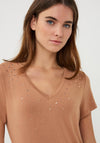 EsQualo V-Neck Rhinestone Detail T-Shirt, Tan