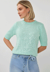 Esqualo Sequin Short Sleeve Knit Sweater, Mint Green