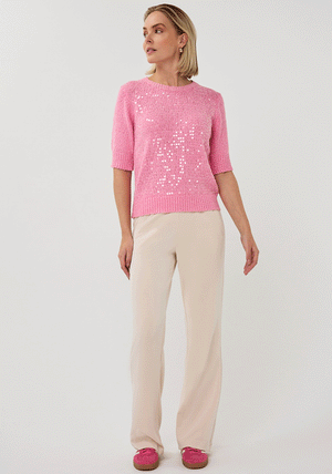 Esqualo Sequin Short Sleeve Knit Sweater, Pink